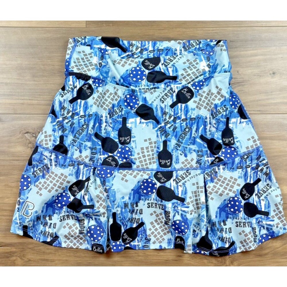 Bella Bella Sports Pickleball Skort SZ L (3) Blue Graffiti  Print Tiered Ruffles